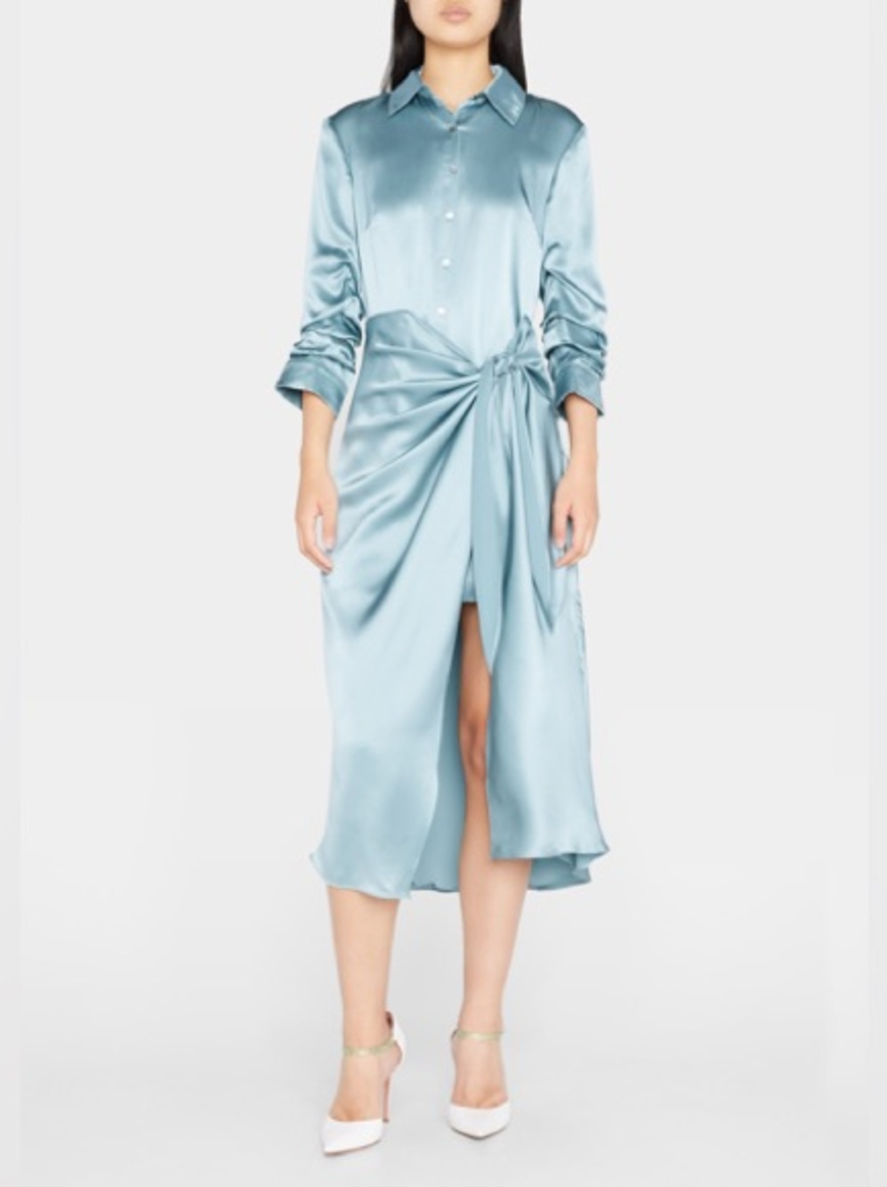 NWT $595 Cinq À Sept Jacey Silk Charmeuse Midi Wrap Shirtdress In Ocean Dew - Picture 4 of 7